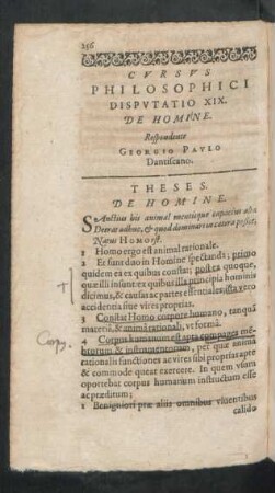 Cursus Philosophici Disputatio XIX. De Homine. Respondente Georgio Paulo Dantiscano.