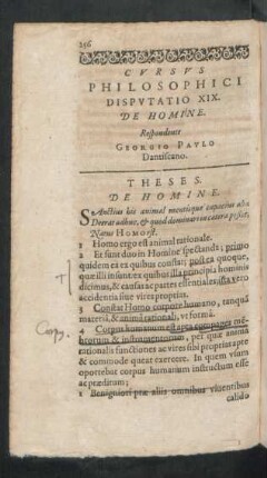 Cursus Philosophici Disputatio XIX. De Homine. Respondente Georgio Paulo Dantiscano.