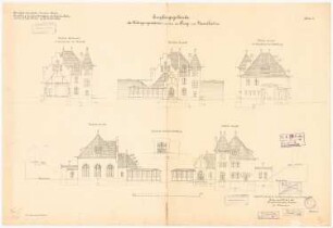 Empfangsgebäude der Übergangsstation zwischen Ring und Vorortbahn (Papestraße), Berlin-Schöneberg: 5 Ansichten und Schnitte