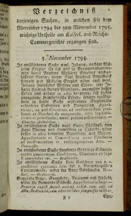 Verzeichniß derjenigen Sachen, in welchen... wichtige Urtheile am Kaiserl. und Reichs-Cammergerichte ergangen sind.
