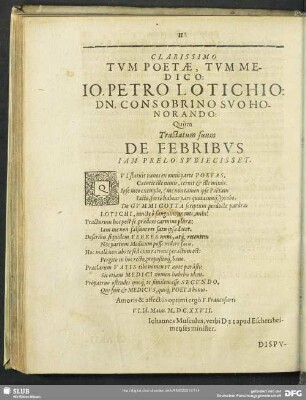 Clarissimo Tum Poetae, Tum Medico: IO. Petro Lotichio: ...