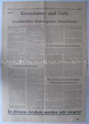 Fragment der Zeitung "Deutsche Volkszeitung" mit den Entwürfen für die Grundsatzdokumente (Statut, Programm) der künftigen Einheitspartei