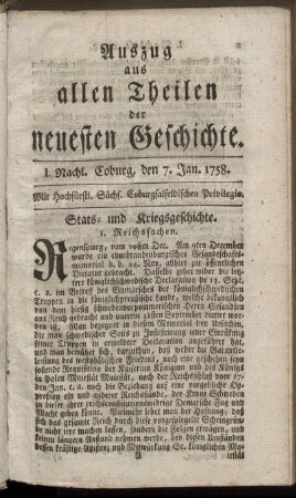 I. Nachl. Coburg, den 7. Jan. 1758.