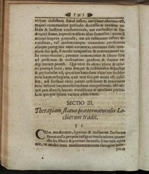 Sectio III. Therapiam status præternaturalis Lochiorum tradit.