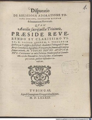 Disputatio de religiosa adoratione totius Christi secundum divinam et humanam Naturam