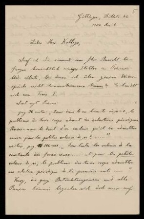 Nr. 5 Brief von Martin Brendel an Karl Schwarzschild. Göttingen, 6.11.1900