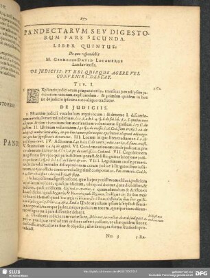 Liber Quintus: De quo respondebit M. Georgius David Locamerus Landaviensis. De Judiciis: Et Ubi Quisque Agere Vel Conveniri Debeat