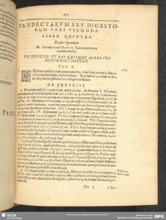 Liber Quintus: De quo respondebit M. Georgius David Locamerus Landaviensis. De Judiciis: Et Ubi Quisque Agere Vel Conveniri Debeat