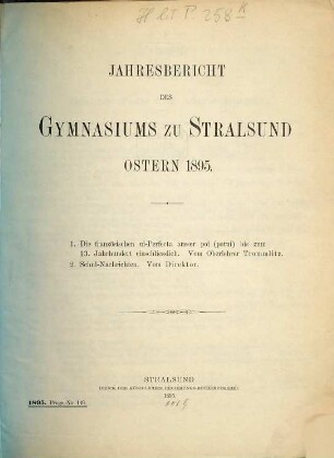 Jahresbericht des Gymnasiums zu Stralsund : Ostern .... 1894/95