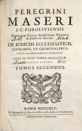 Peregrini Maseri De iudiciis ecclesiasticis, Civilibus, et Criminalibus. 2