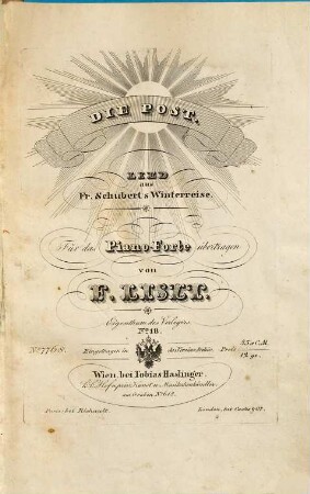 Die Post : Lied aus Fr. Schubert's Winterreise ; für das Piano-Forte übertragen