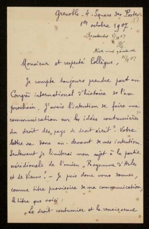 17: Brief von Robert Caillemer an Otto von Gierke, Grenoble, 1.10.1907