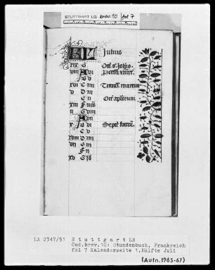 Lateinisches Stundenbuch (Livre d'heures) — KL-Ligatur und Teilbordüre, Folio 7recto