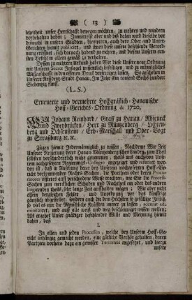 Erneuerte und vermehrte Hochgräflich-Hanauische Hoff-Gerichts-Ordnung de 1720.