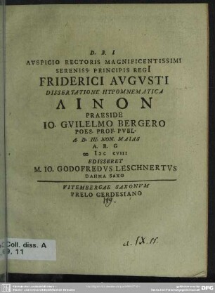 Auspicio Rectoris Magnificentissimi Sereniss. Principis Regi[i] Friderici Augusti Dissertatione Hypomnematica Linon