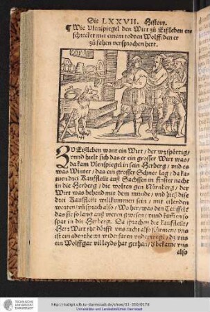 Die LXXVII. History Wie Vlenspiegel den Wirt zu Eißleben erschrecket mit einem todten Wolff/den er zu fahen versprochen hett
