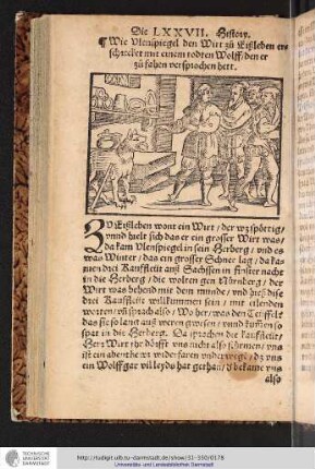 Die LXXVII. History Wie Vlenspiegel den Wirt zu Eißleben erschrecket mit einem todten Wolff/den er zu fahen versprochen hett