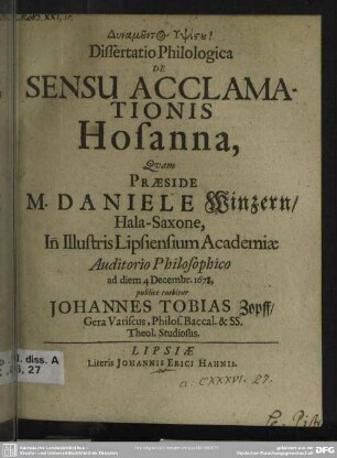 [1]: Dissertatio philologica de sensu acclamationis Hosanna