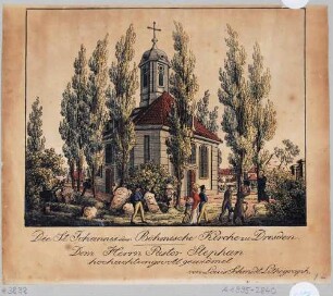 Die Johanniskirche (Böhmische Kirche), für Bau der Johann-Georg-Allee (Lingnerallee), 1861 abgerissen