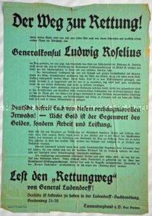 Politisches Werbeplakat des Tannenbergbundes e. V. , Gau Bremen, für die Schrift von Erich Ludendorff "Rettungsweg"