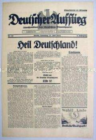Wochenzeitung der Deutschen Staatspartei "Deutscher Aufstieg" aus dem Vorfeld der Reichstagswahl am 31. Juli 1932