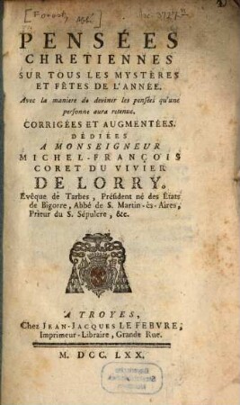 Pensées chretiennes sur Tous les Mystères et fêtes de l'Année
