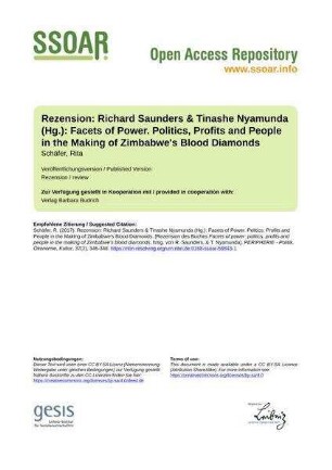 Rezension: Richard Saunders & Tinashe Nyamunda (Hg.): Facets of Power. Politics, Profits and People in the Making of Zimbabwe's Blood Diamonds