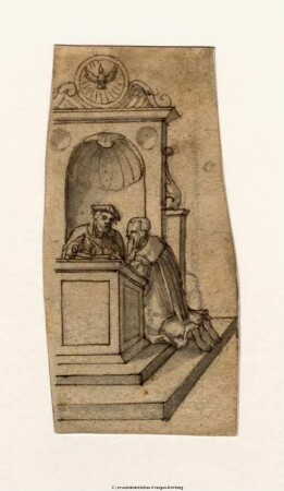 Geistliche Belehrung (Beichte?). Ein Greis kniet rechts vor einem Geistlichen in hohem Kirchenstuhl