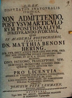Dispvtatio inavguralis ivridica, De non admittendo, post vsvm articulorvm positionalivm ivreivrando ivdiciali