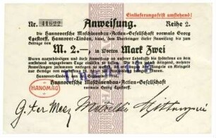Notgeldschein: Hanomag, 2 Mark