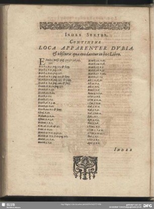 Index Sextus, Continens Loca Apparenter Dubia, & obscura: quae enodantur in hoc Libro