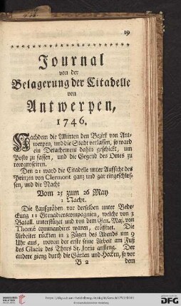 Journal von der Belagerung der Citadelle von Antwerpen, 1746