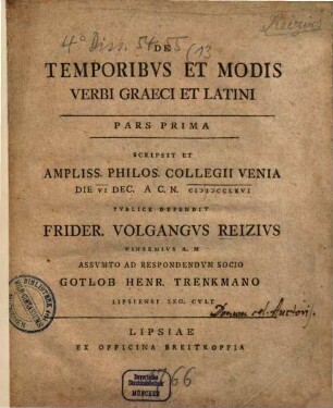De Temporibvs Et Modis Verbi Graeci Et Latini. 1