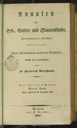 3.Ser.4.1837+Index: Annalen der Erd-, Völker- und Staatenkunde