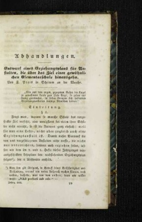 Entwurf eines Erziehungsplans für Anstalten, die über das Ziel einer gewöhnlichen Elementarschule hinausgehen