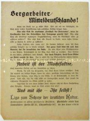 Aufruf der Liga zum Schutze der deutschen Kultur an die mitteldeutschen Bergarbeiter zur Beendigung des Streiks