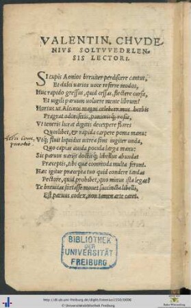 Valentinus Chudenius Soltuvedelensis Lectori