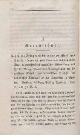 326-364 [Rezension] Berg, Georg Dominik, Ueber die Erforderlichkeit der priesterlichen Ehe-Einsegnung zum Sakrament der Ehe