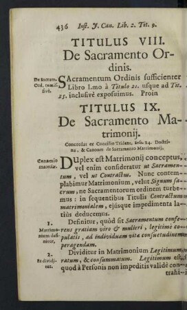 Titulus VIII. De Sacramento Ordinis. Titulus IX. De Sacramento Matrimonij.