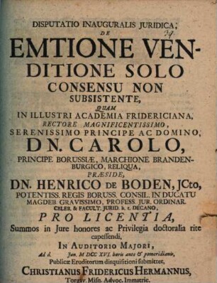 Diss. inaug. iur. de emtione venditione solo consensu non subsistente