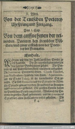 II. Theil. Von der Teutschen Poeterey Uhrsprung und Fortgang