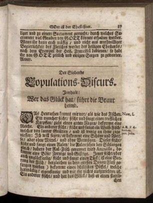 Der Siebende Copulations-Discurs. Innhalt: Wer das Glueck hat / fuehrt die Braut heimb - Der Neundte Copulations-Discrus. Innhalt: Das in dem Ehestand erlaubte Karten-Spiel