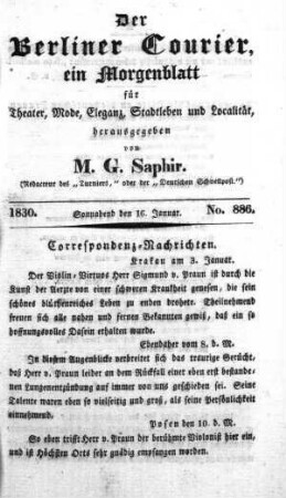No. 886, Sonnabend den 16. Januar 1830