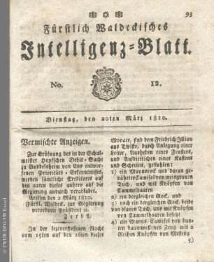 No. 12, Dienstag, den 20ten März 1810