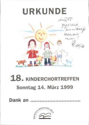Urkunde über die Teilnahme am 18. Kinderchortreffen des Rheinisch-Bergischen Kreises