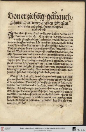 Von erziehũg / gebrauch/ zaehmung / artzeney zu allen gebresten aller thier vnd vihes [...]