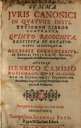 Svmma Jvris Canonici In Qvatvor Institvtionvm Libros Contracta
