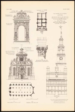 Grabkapelle, Doberan. Rathaus, Posen. Stadtkirche, Bückeburg: Detail Doberan, Ansicht, Grundriss, Detail Bückeburg, Ansicht, Grundriss Posen (aus: Baukunst d. Renaissance in Deutschland, hrsg. v. Zeichenaussch. d. Stud. d. TH Berlin, 1875)