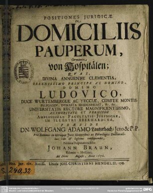 Positiones Iuridicae De Domiciliis Pauperum : Germanice von Hospitälen