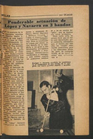Ponderable actuación de López y Navarra en 3 bandas : Billar